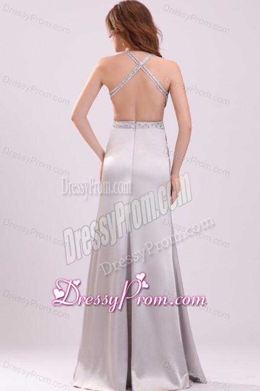 Column Straps Beading Satin Floor-length Gray Prom Dress