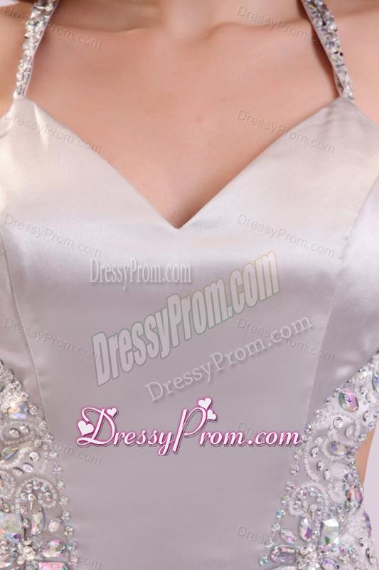 Column Straps Beading Satin Floor-length Gray Prom Dress
