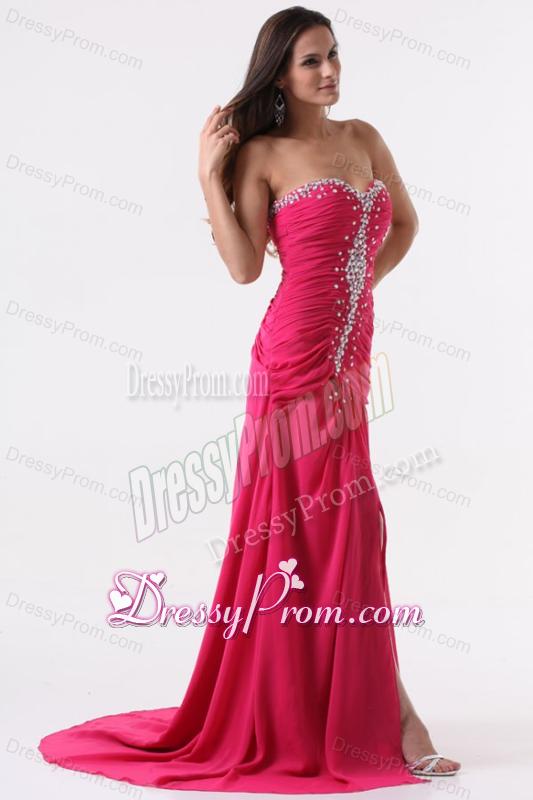 Column Sweetheart Beading and Ruching Hot Pink Long Prom Dress