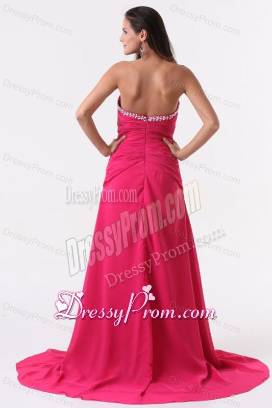 Column Sweetheart Beading and Ruching Hot Pink Long Prom Dress