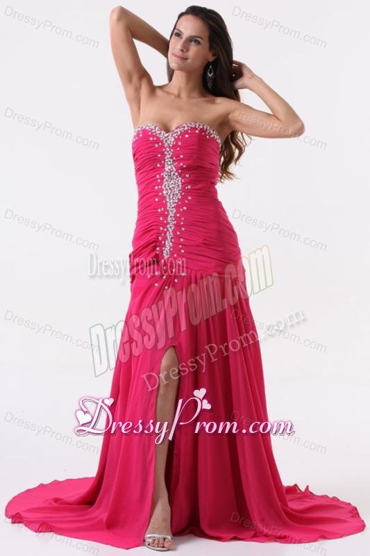Column Sweetheart Beading and Ruching Hot Pink Long Prom Dress