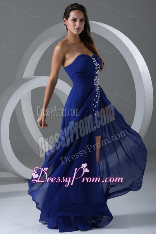 Column Sweetheart Royal Blue Beading And Ruching Chiffon Prom Dress