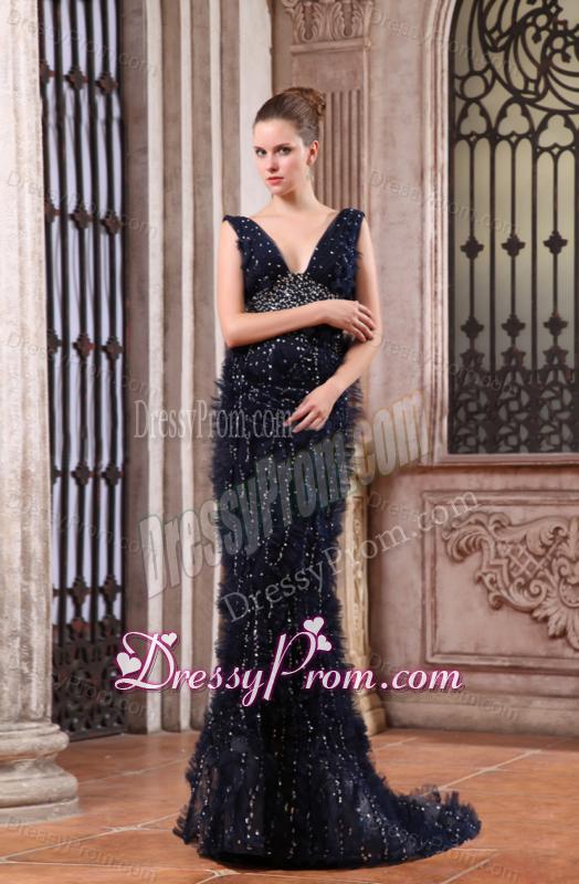 Column V-neck Navy Blue Brush Train Sequins Beading Prom Dress