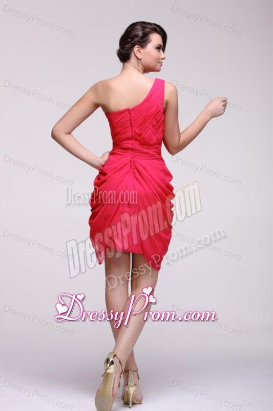 Corel Red One Shoulder Prom Dress with Ruches Mini-length