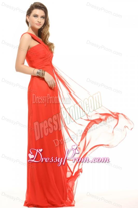 Empire Orange Red One Shoulder Ruching Chiffon Prom Dress