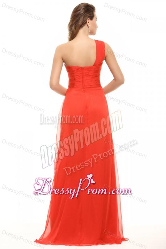 Empire Orange Red One Shoulder Ruching Chiffon Prom Dress