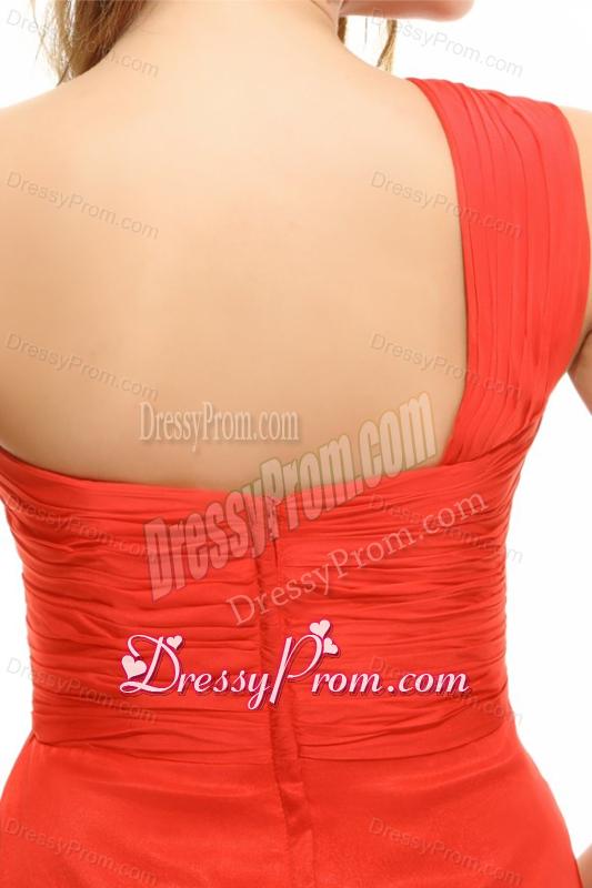 Empire Orange Red One Shoulder Ruching Chiffon Prom Dress