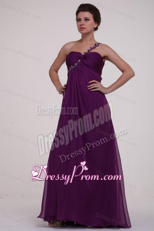 Empire Purple One Shoulder Ruching Appliques Long Prom Dress