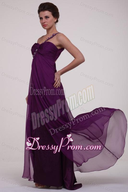 Empire Purple One Shoulder Ruching Appliques Long Prom Dress