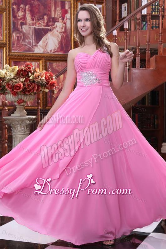 Empire Rose Pink One Shoulder Beading and Ruching Chiffon Prom Dress