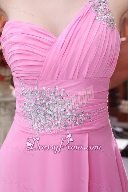 Empire Rose Pink One Shoulder Beading and Ruching Chiffon Prom Dress