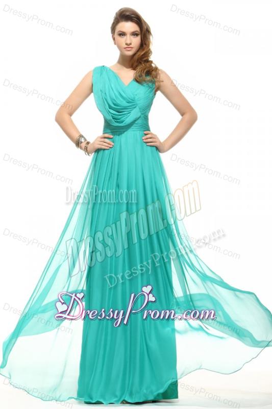 Empire V-neck Turquiose Chiffon Ruching 2014 Prom Dress