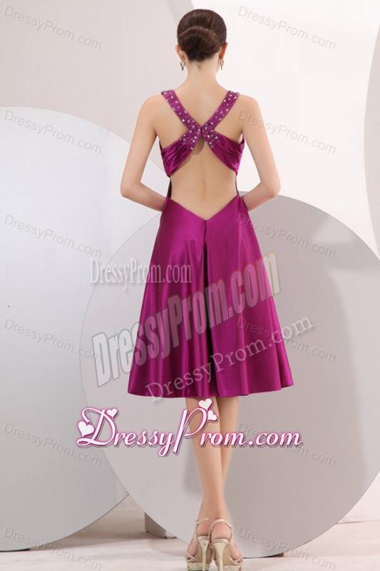 Fuchsia Beading Straps Short Prom Dress with Ruching