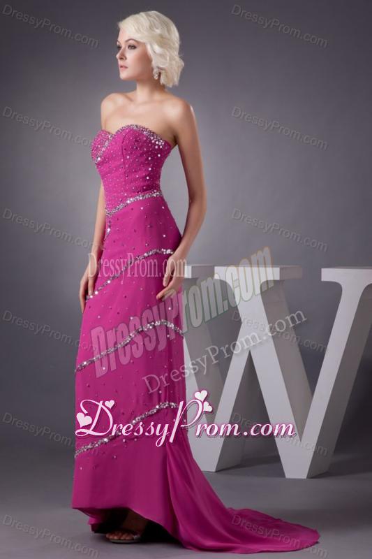 Fuchsia Column Sweetheart Chiffon Brush Train Beading Prom Dress