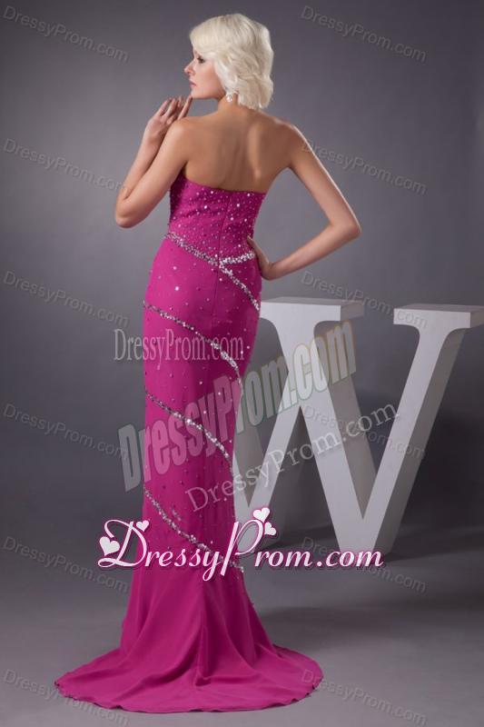 Fuchsia Column Sweetheart Chiffon Brush Train Beading Prom Dress