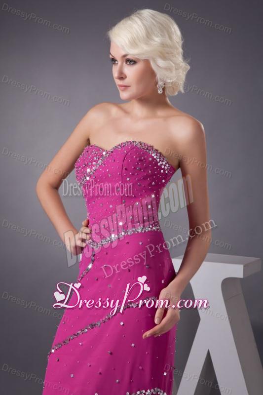Fuchsia Column Sweetheart Chiffon Brush Train Beading Prom Dress