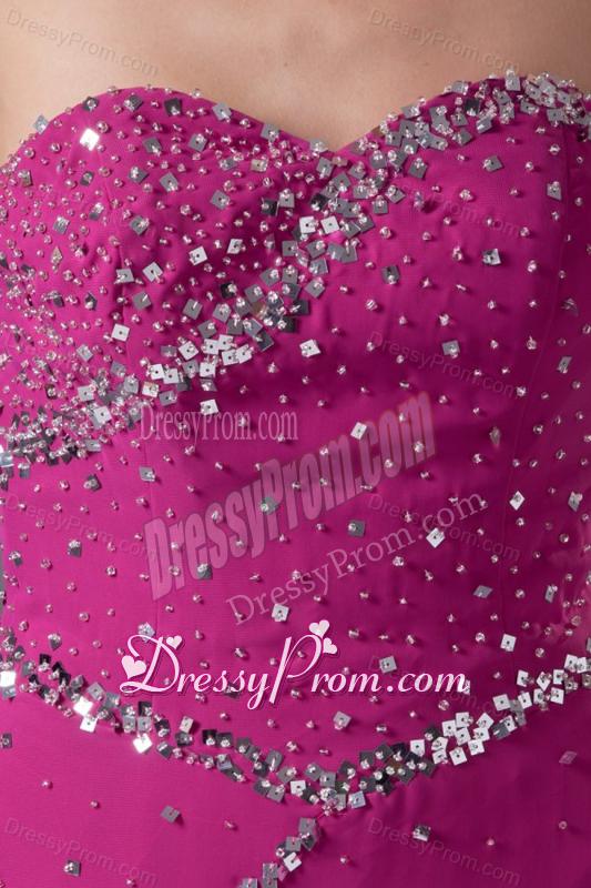 Fuchsia Column Sweetheart Chiffon Brush Train Beading Prom Dress