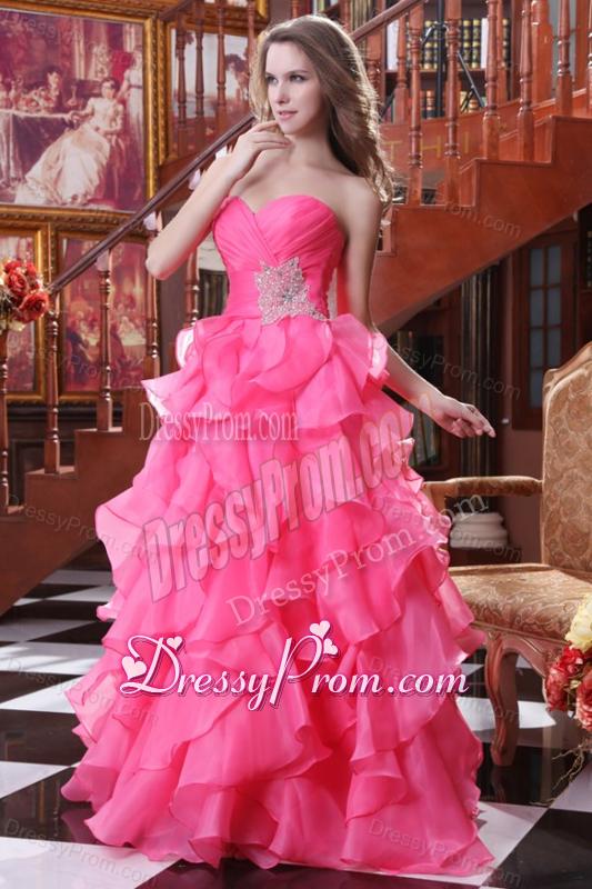 Hot Pink A-line Sweetheart Prom Dress with Beading and Ruffles