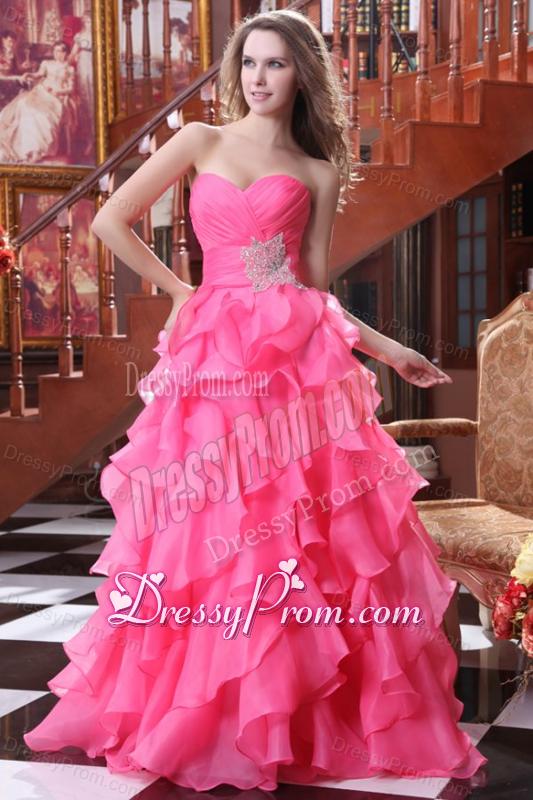 Hot Pink A-line Sweetheart Prom Dress with Beading and Ruffles