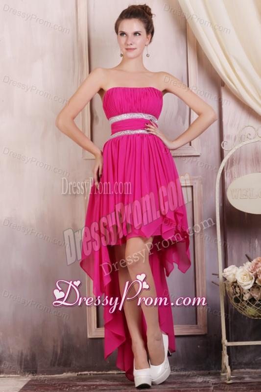 Hot Pink High-low Prom Dress with Beading and Ruching