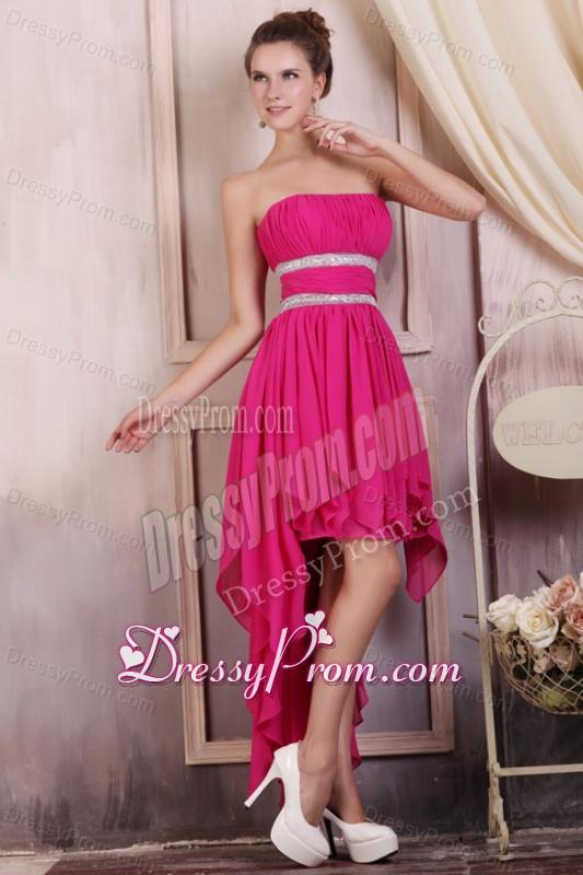 Hot Pink High-low Prom Dress with Beading and Ruching