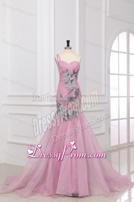 Mermaid One Shoulder Appliques Organza Court Train Pink Prom Dress