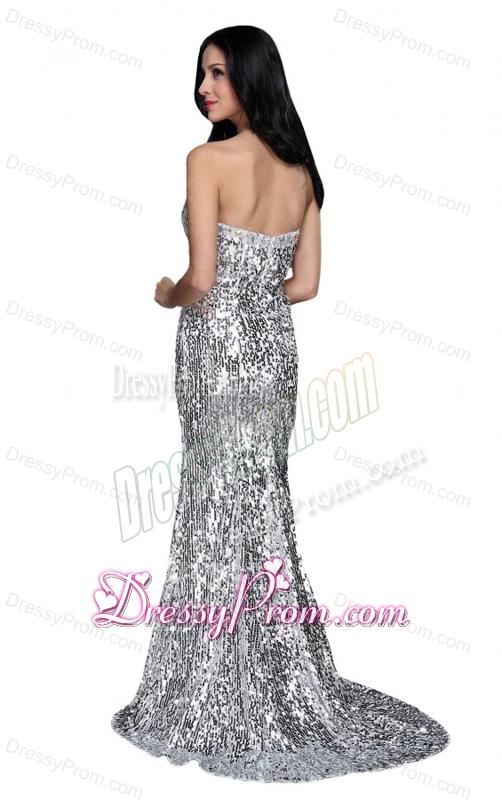 Mermaid Silver Sequins Sweetheart Beading Brush Train Prom Dress