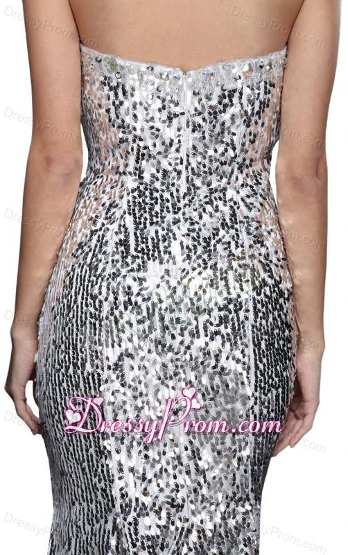 Mermaid Silver Sequins Sweetheart Beading Brush Train Prom Dress