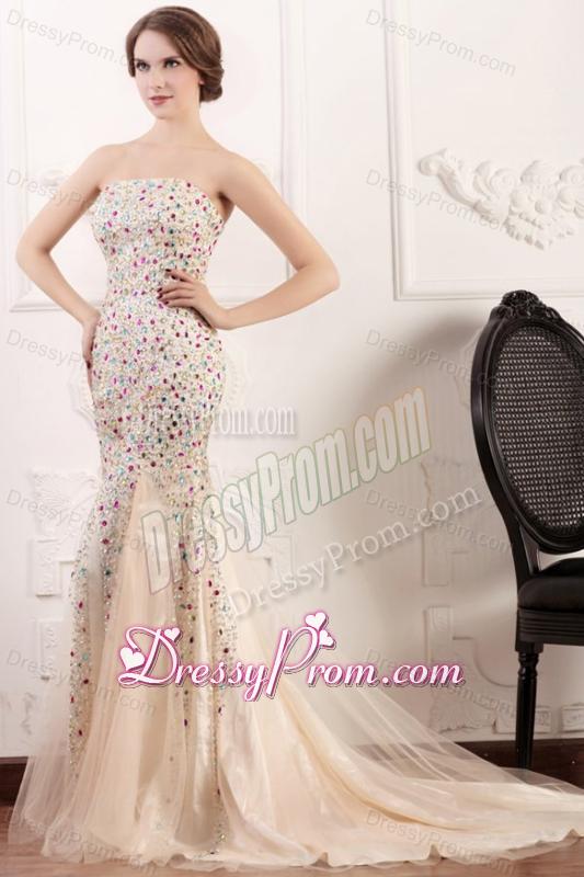 Mermaid Strapless Champagne Beading Court Train Prom Dress