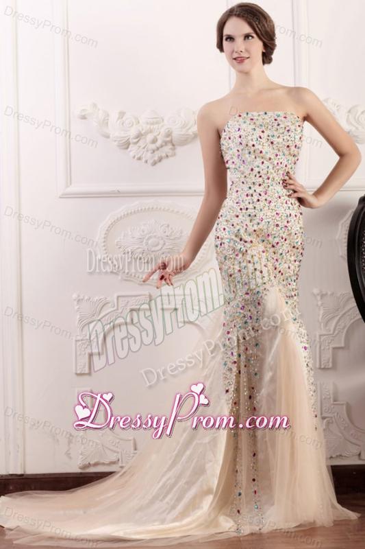 Mermaid Strapless Champagne Beading Court Train Prom Dress