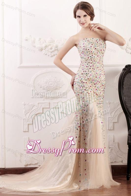 Mermaid Strapless Champagne Beading Court Train Prom Dress