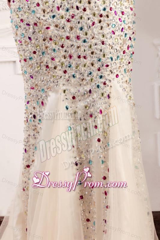 Mermaid Strapless Champagne Beading Court Train Prom Dress