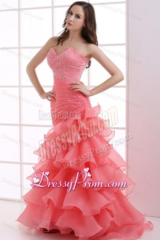 Mermaid Watermelon Red Sweetheart Beading Ruffled Layers Ruching Prom Dress