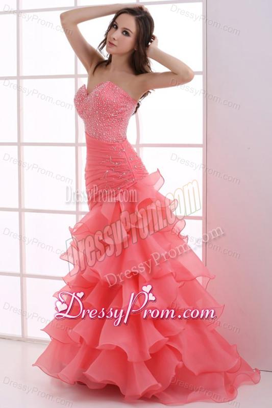 Mermaid Watermelon Red Sweetheart Beading Ruffled Layers Ruching Prom Dress