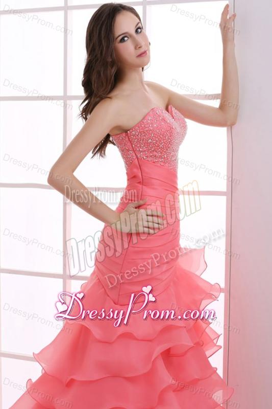 Mermaid Watermelon Red Sweetheart Beading Ruffled Layers Ruching Prom Dress