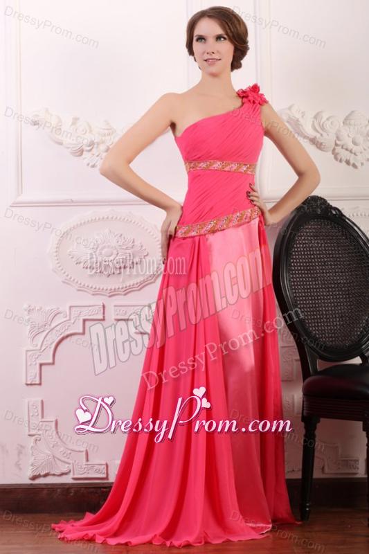 Pink Empire One Shoulder Flowers Beaded Prom Dress with Brush Train