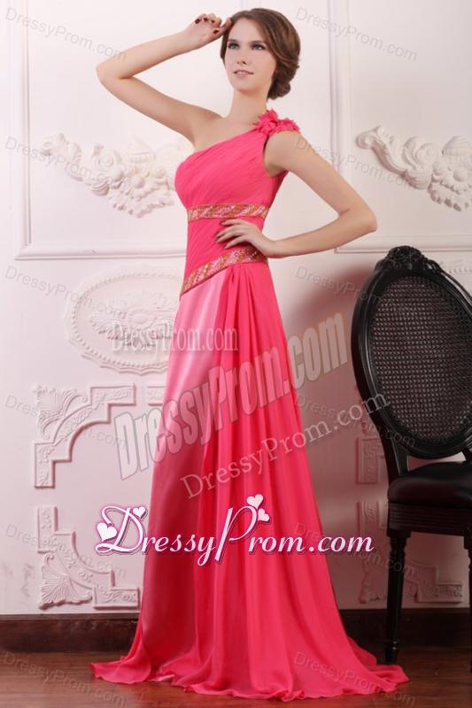 Pink Empire One Shoulder Flowers Beaded Prom Dress with Brush Train
