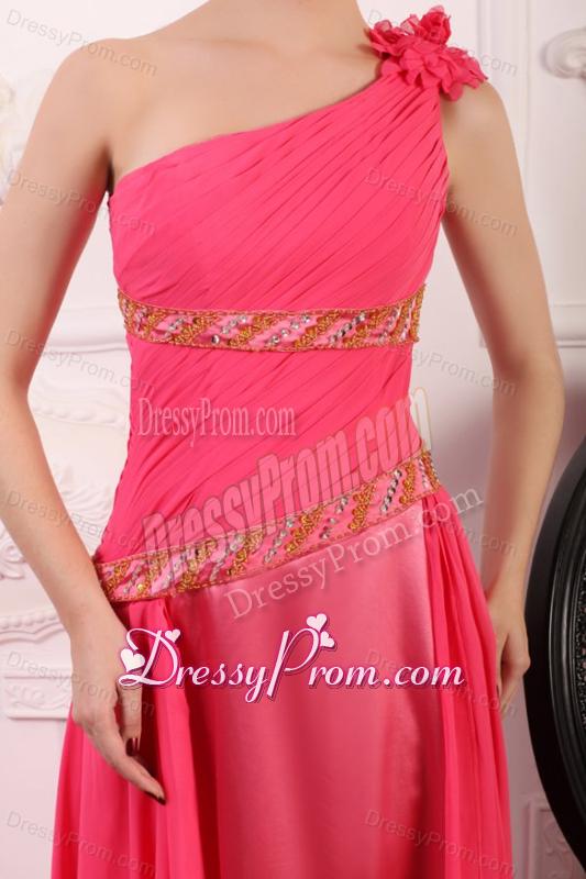 Pink Empire One Shoulder Flowers Beaded Prom Dress with Brush Train