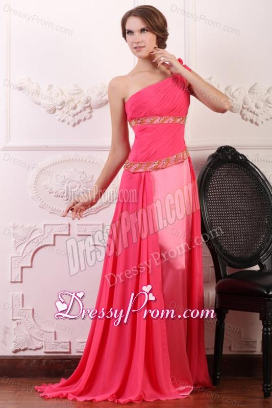 Pink Empire One Shoulder Flowers Beaded Prom Dress with Brush Train