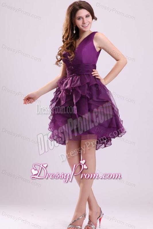 Pretty Purple V-neck Prom Dress with Ruffled Layers Mini-length