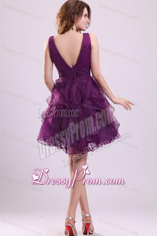 Pretty Purple V-neck Prom Dress with Ruffled Layers Mini-length