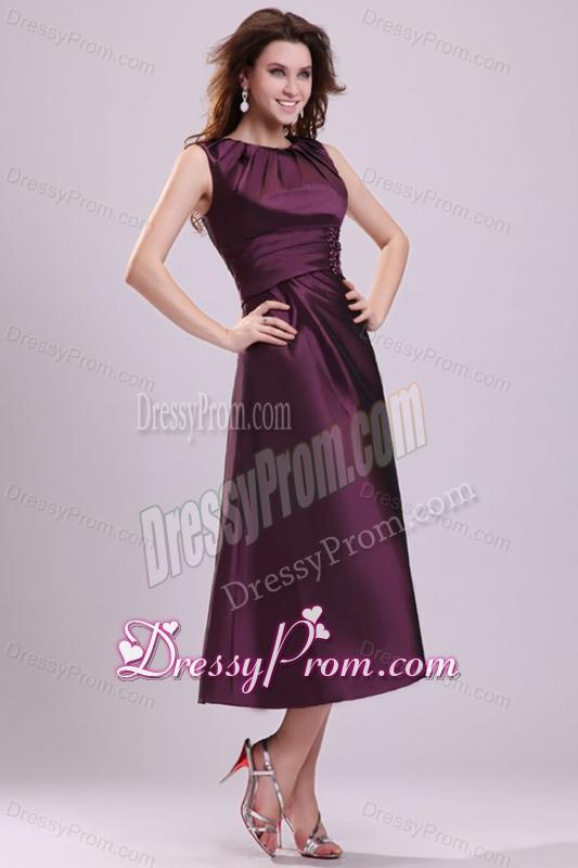 Purple A-line Scoop Tea-length Prom Dress with Beading