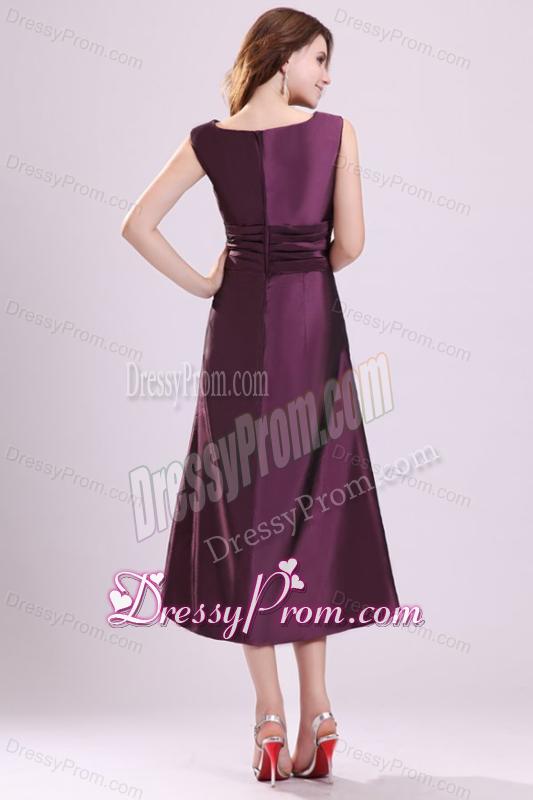 Purple A-line Scoop Tea-length Prom Dress with Beading