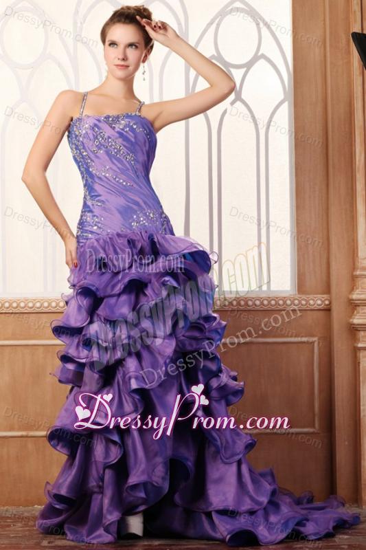 Purple Column Spaghetti Straps Prom Dress with Beading and Layers