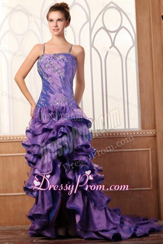 Purple Column Spaghetti Straps Prom Dress with Beading and Layers