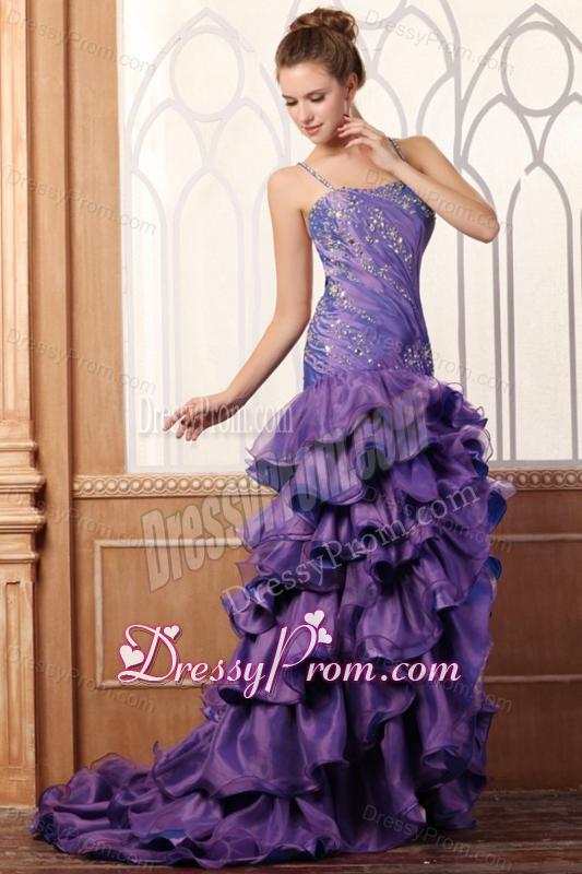 Purple Column Spaghetti Straps Prom Dress with Beading and Layers