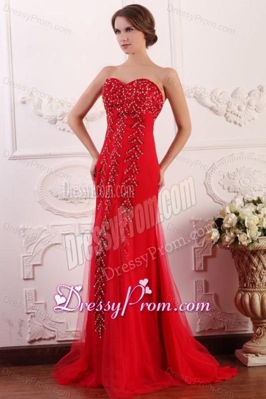 Red Column Sweetheart Brush Train Prom Dress with Beading