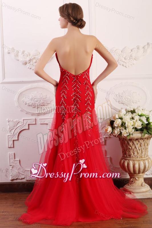 Red Column Sweetheart Brush Train Prom Dress with Beading