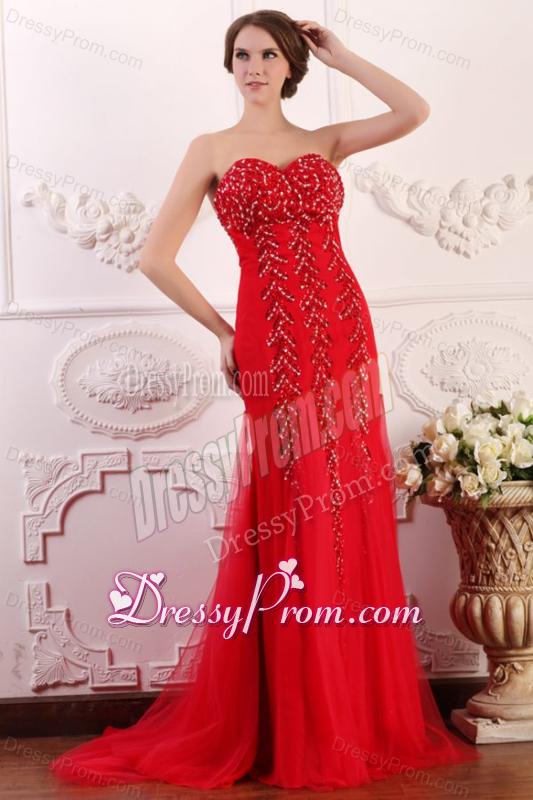 Red Column Sweetheart Brush Train Prom Dress with Beading