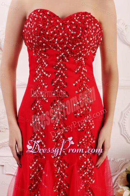 Red Column Sweetheart Brush Train Prom Dress with Beading